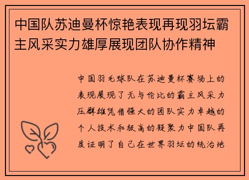 中国队苏迪曼杯惊艳表现再现羽坛霸主风采实力雄厚展现团队协作精神